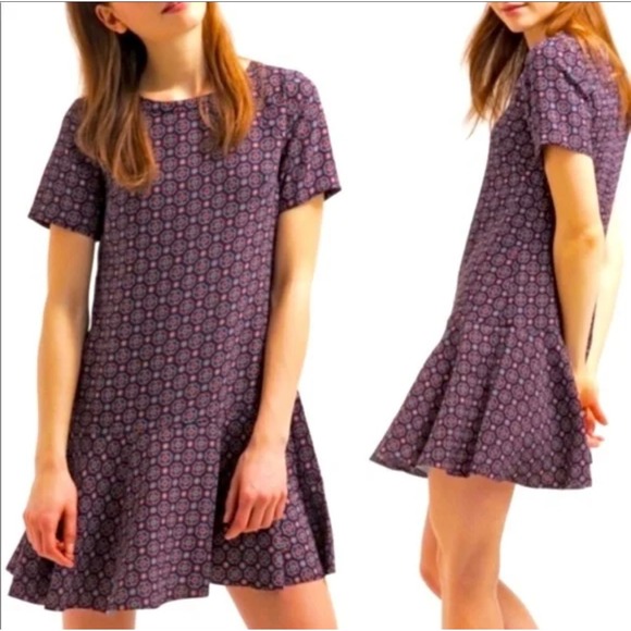 Banana Republic Womens ALine Dress Geometric Print Short Sleeve Size 14 Navy Red - Picture 1 of 4